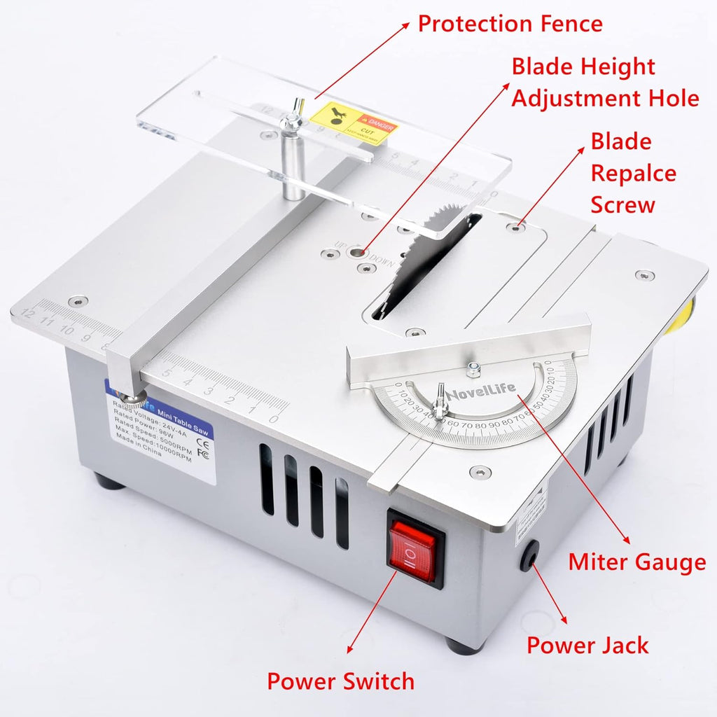 Mini Hobby Table Saw with Miter Gauge, 3 Inch HSS Alloy Steel Circular Saw Blade, Polishing Pad, 96W Power Supply B7772