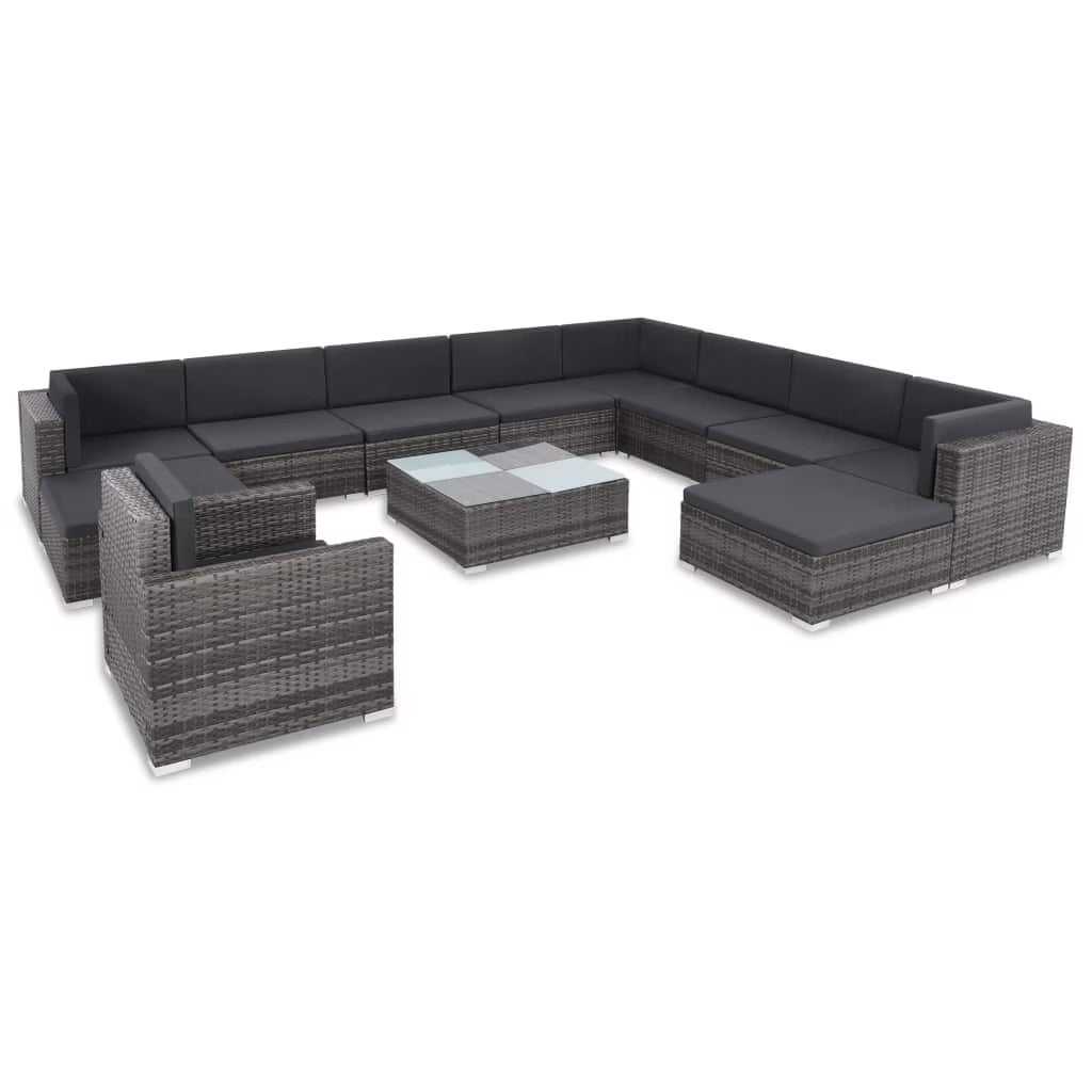 12 Piece Gray Poly Rattan Patio Sofa Conversation Set with Coffee Table and Ottoman D8042