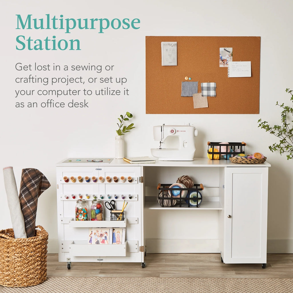 White Folding Sewing Table with Magnetic Doors Q305