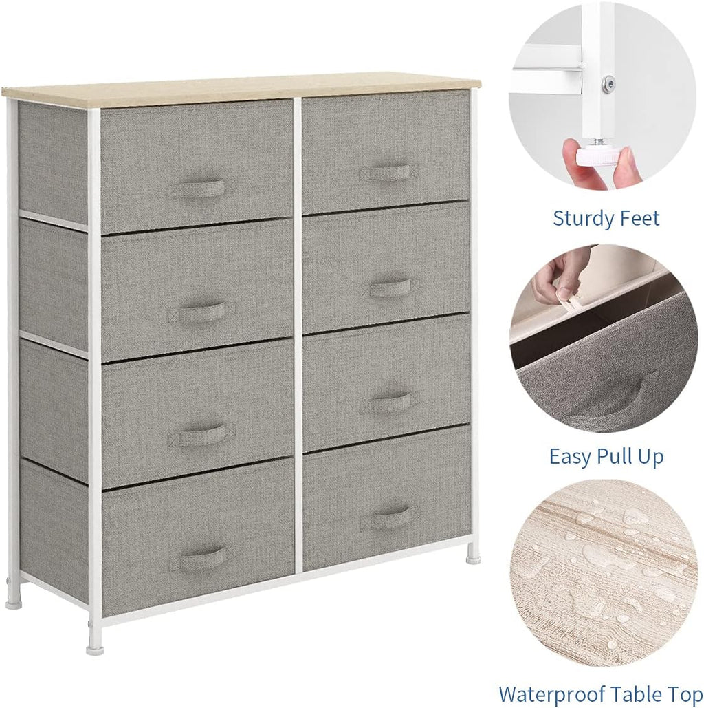 Light grey 8 Drawer Fabric Dresser with Steel Frame and Wooden Top D4183