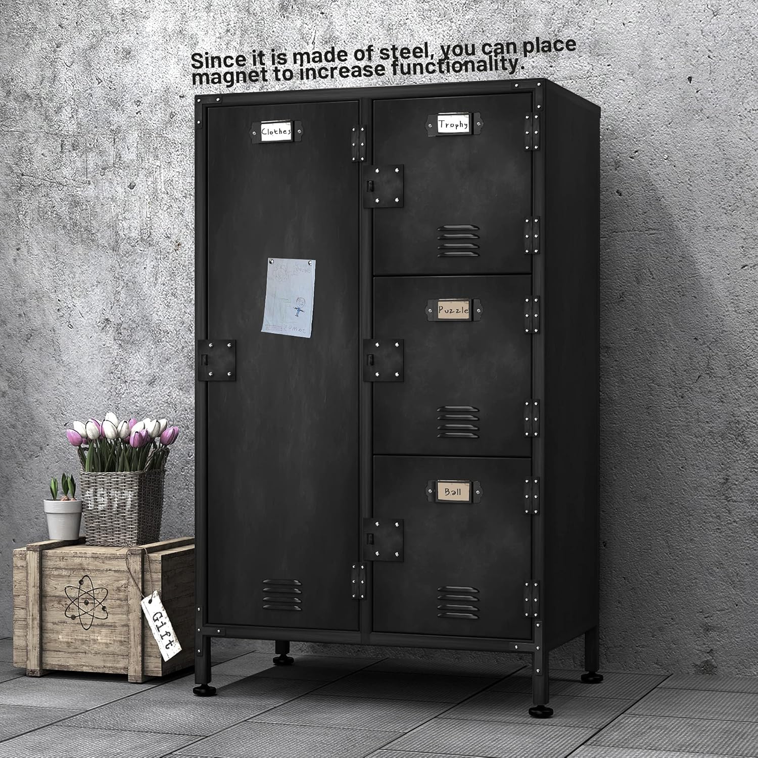 4 Door Lockable Black Metal Storage Cabinet with Shelves C105934