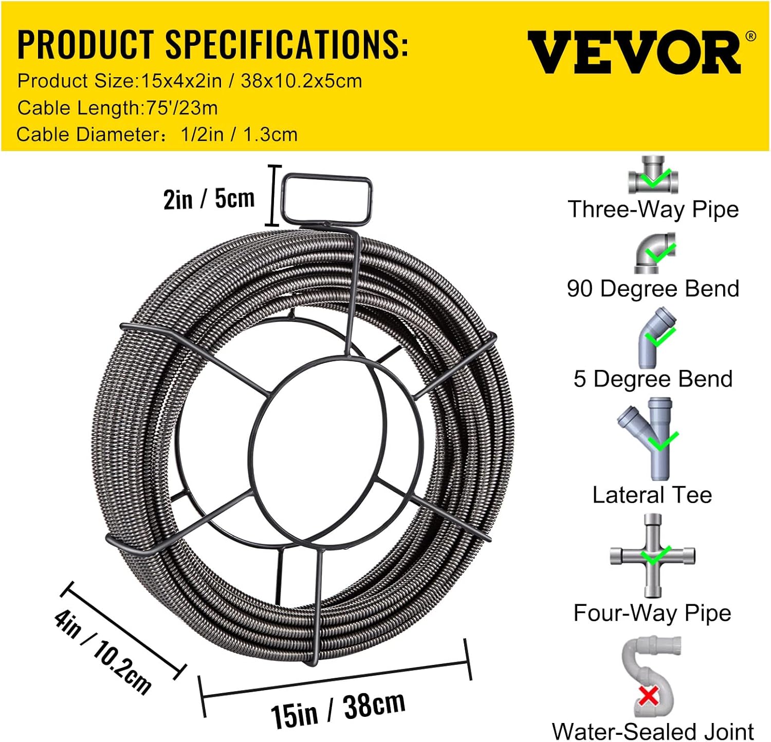 75 Feet x 1/2 Inch Solid Core Drain Cleaning Cable T63351