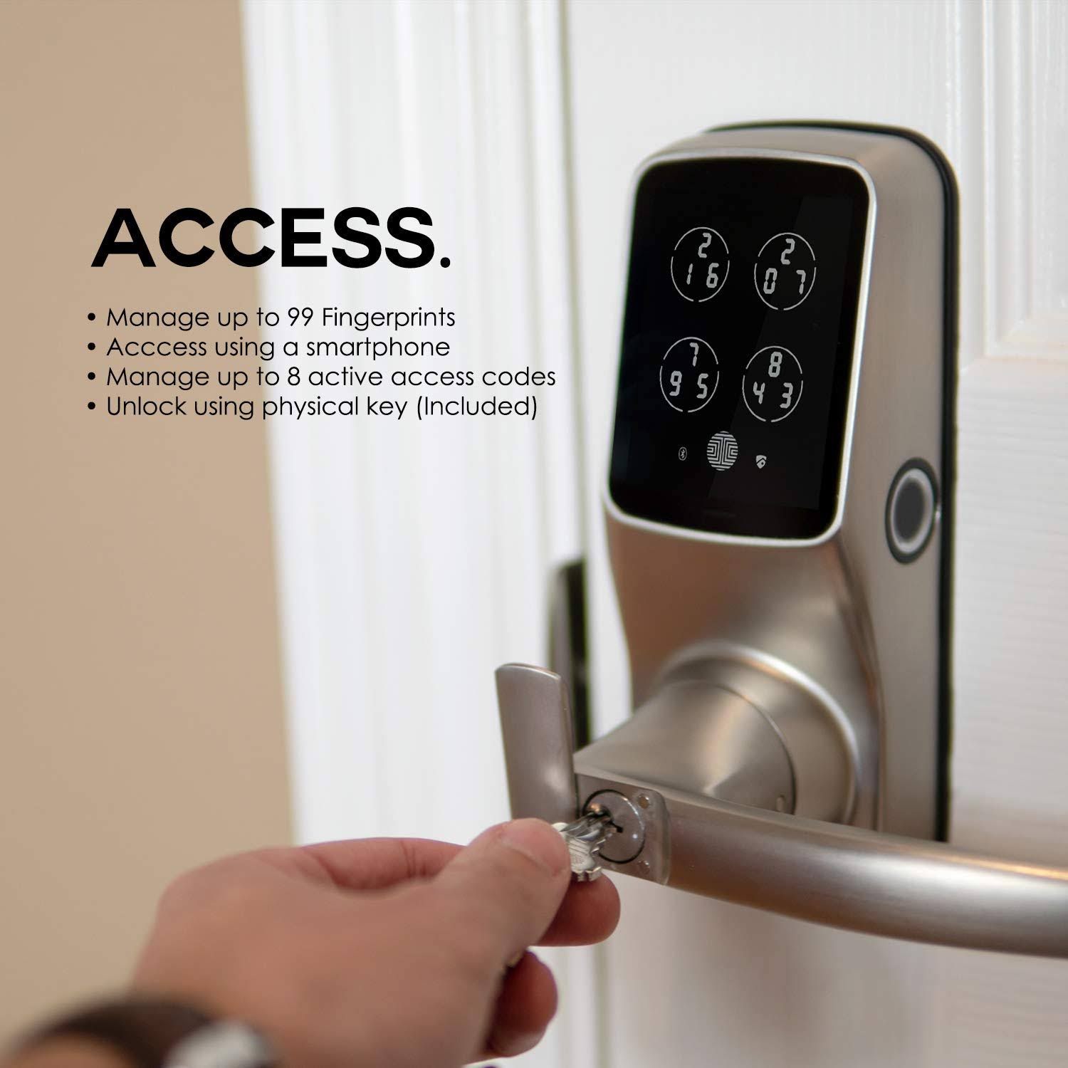 Satin Nickel Smart Touchscreen Door Latch Lock with Fingerprint and Bluetooth R4464
