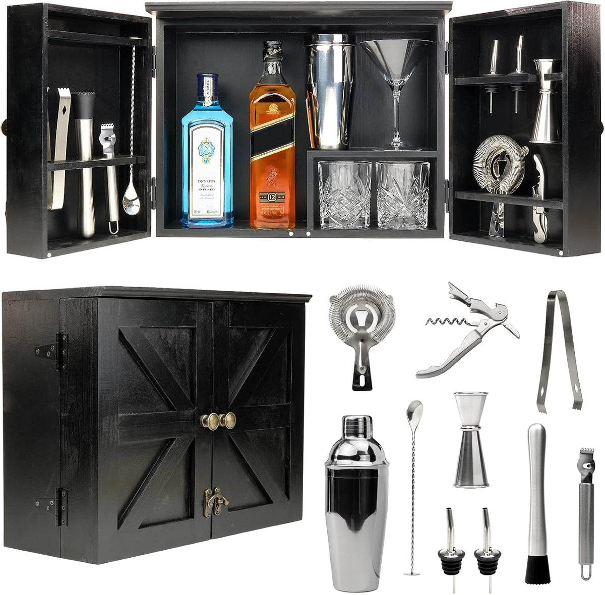 Black Bar Cabinet with 12 Piece Bar Set E688413