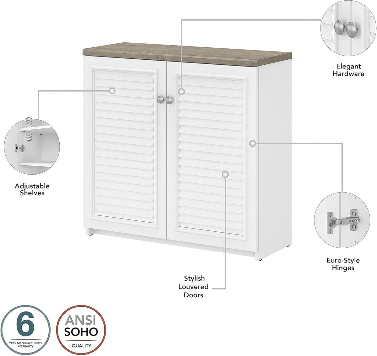 2 Door Low Storage Cabinet, Shiplap Gray/Pure White P706561