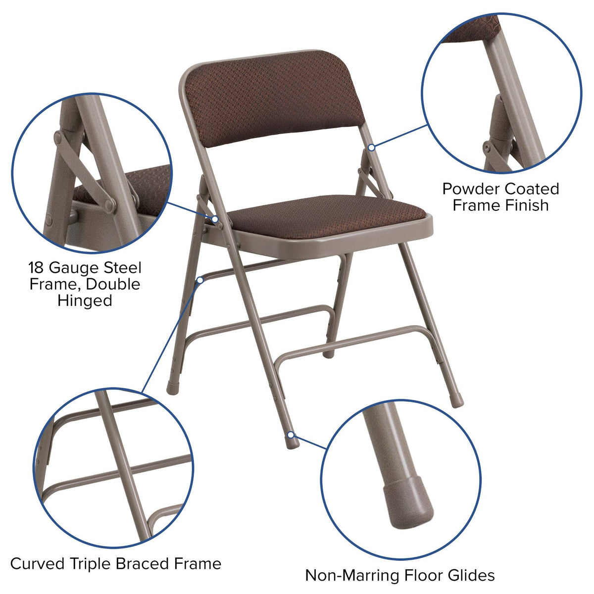Curved Triple Braced Double Hinged Brown Patterned Fabric Metal Folding Chair C327
