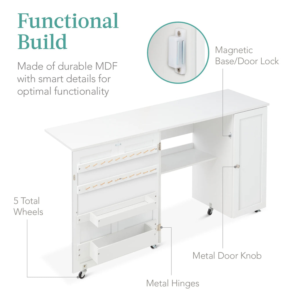 White Folding Sewing Table with Magnetic Doors Q305