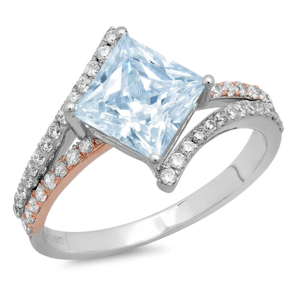 18k White Gold Princess Cut Blue Simulated Diamond Engagement Ring Size 3.5 P618