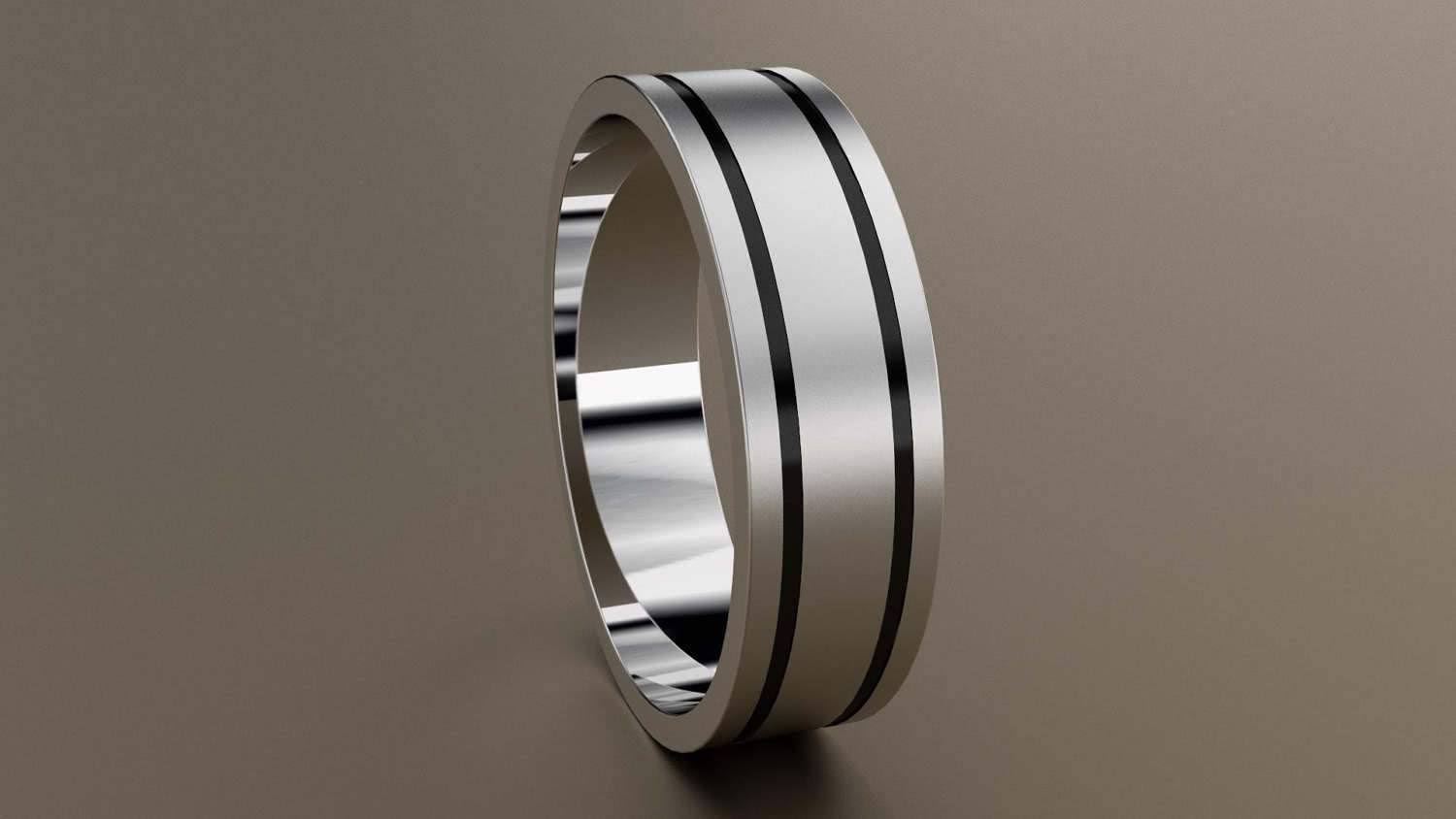 Brushed White Gold 6mm Double Black Groove Wedding Band 18kt G443429