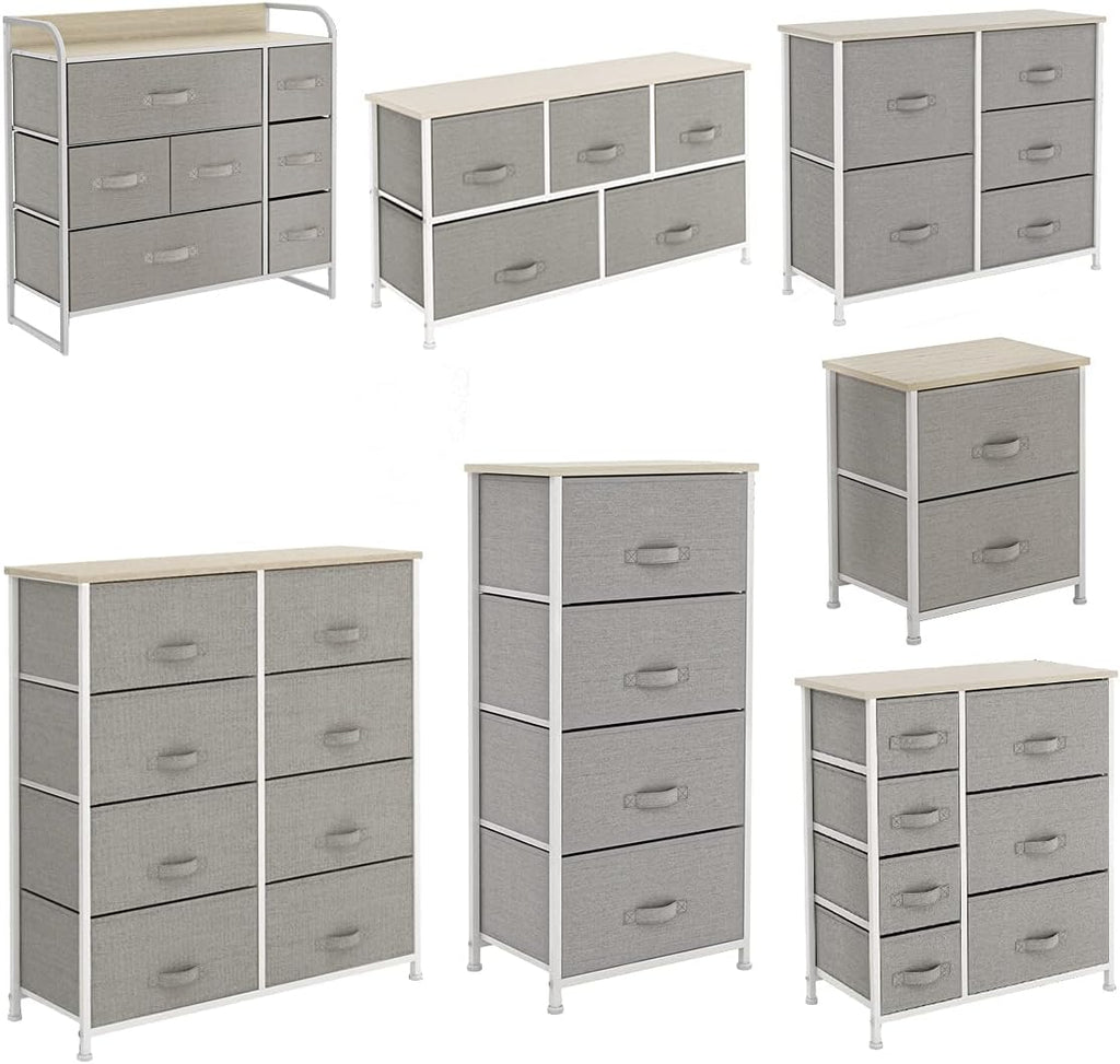 Light grey 8 Drawer Fabric Dresser with Steel Frame and Wooden Top D4183