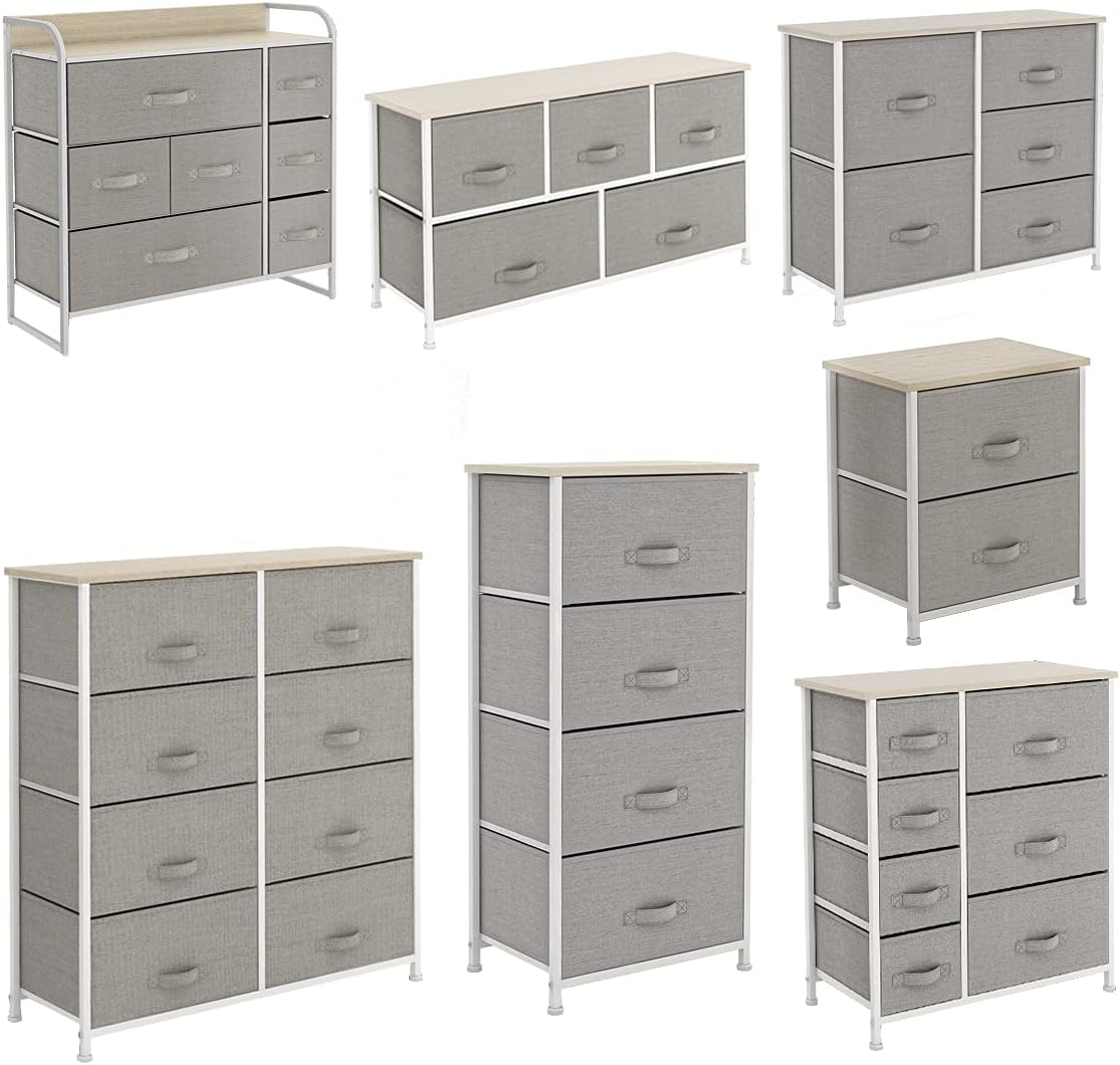 Light grey 8 Drawer Fabric Dresser with Steel Frame and Wooden Top D4183