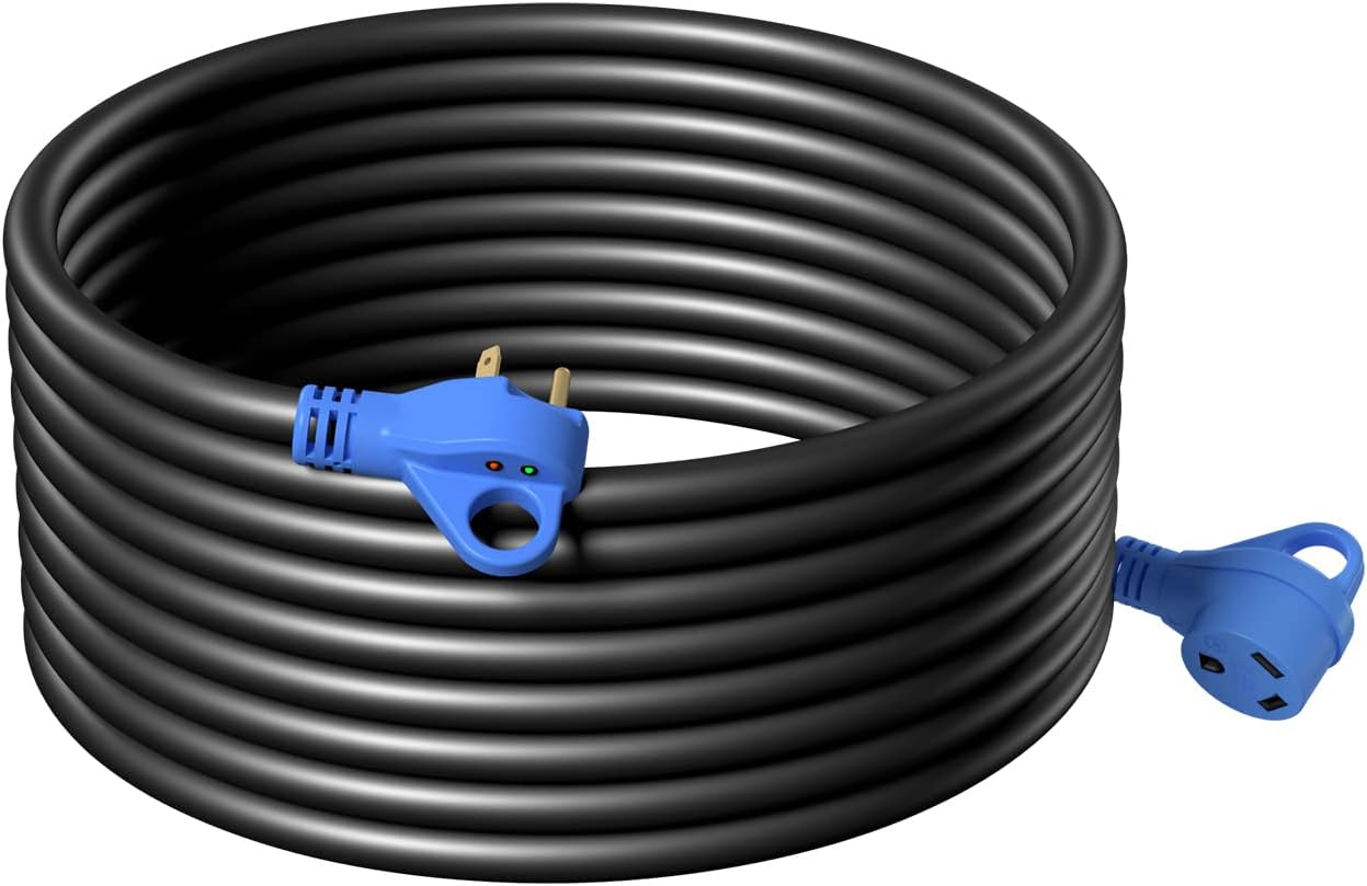 30 Amp 25 Feet RV Extension Cord with Polarity LED Light, Grip Handle, Twist Locking, STW 10AWG 3 Wire, NEMA TT-30P to L5-30R, Pack of 2 V424