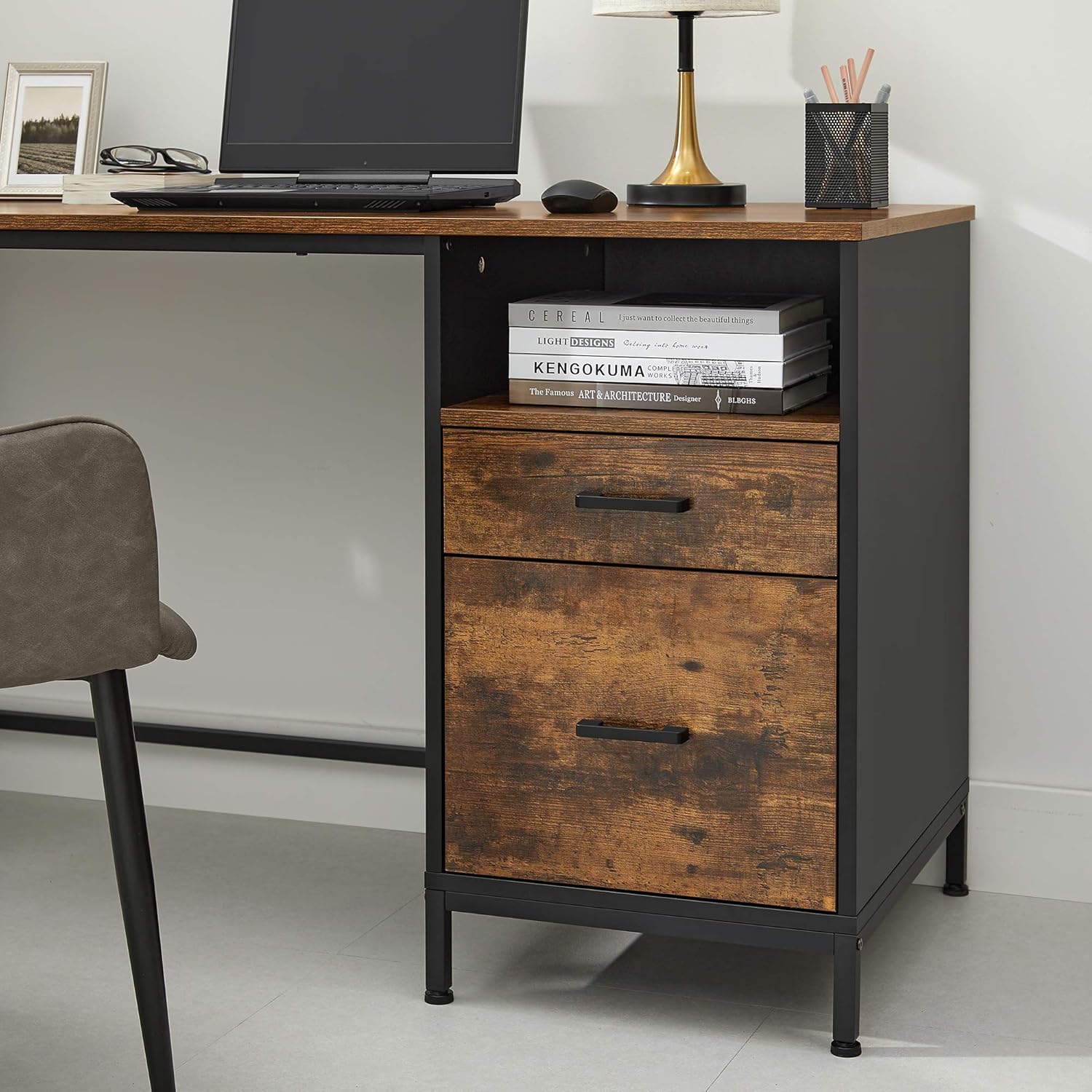 Rustic Brown and Black Computer Desk with Drawers E43713