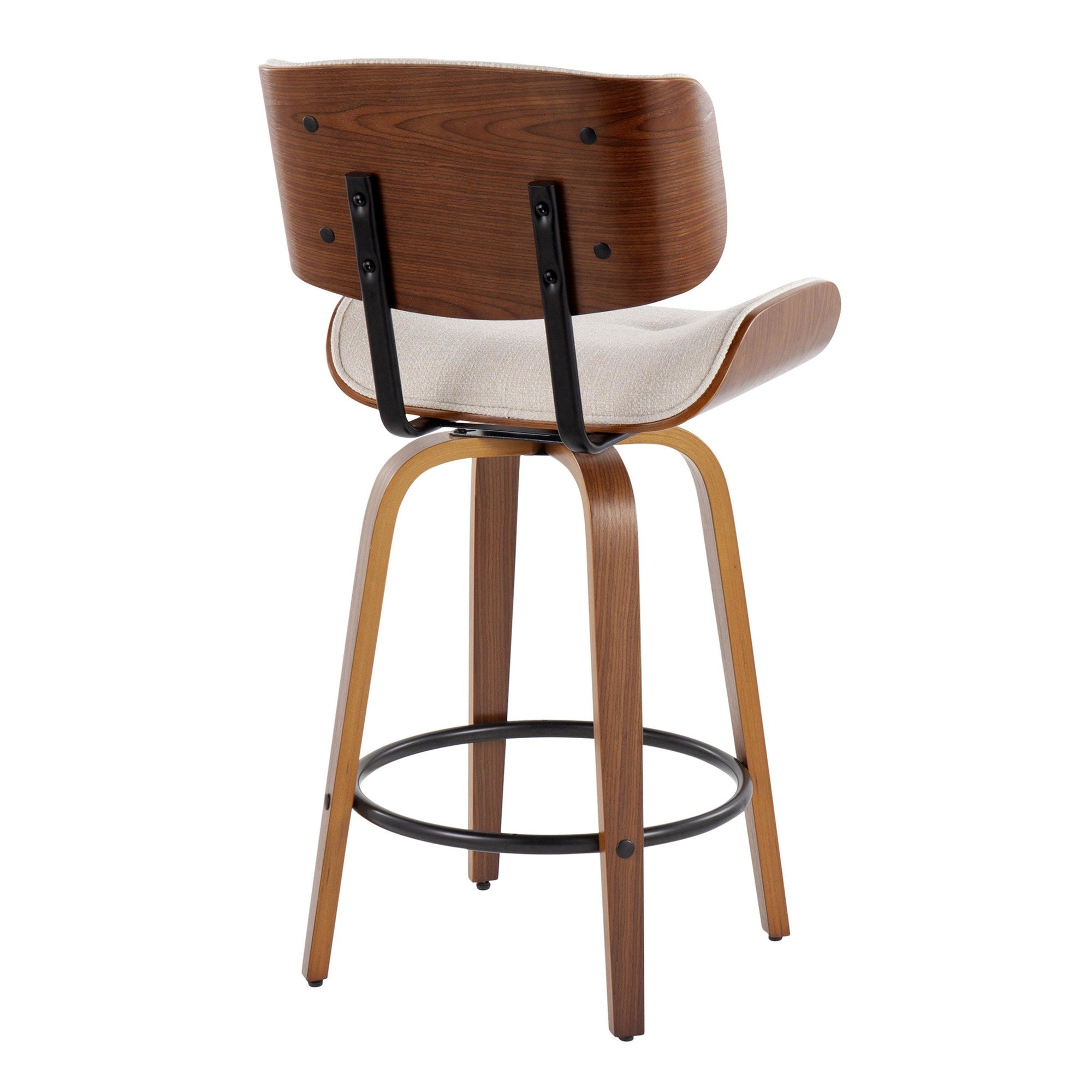 26" Mid-Century Modern Counter Stool with Swivel in Walnut Wood and Cream Noise Fabric with Round Black Metal Footrest - Set of 2 Y3003