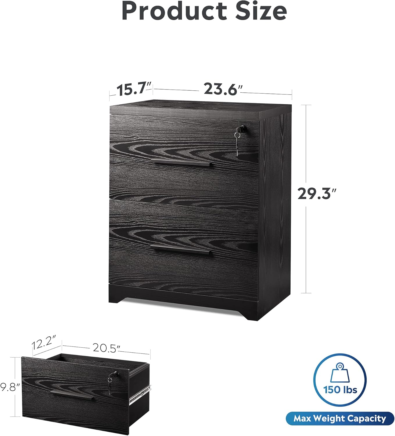 Black 2-Drawer Wood Lateral File Cabinet with Lock D2747