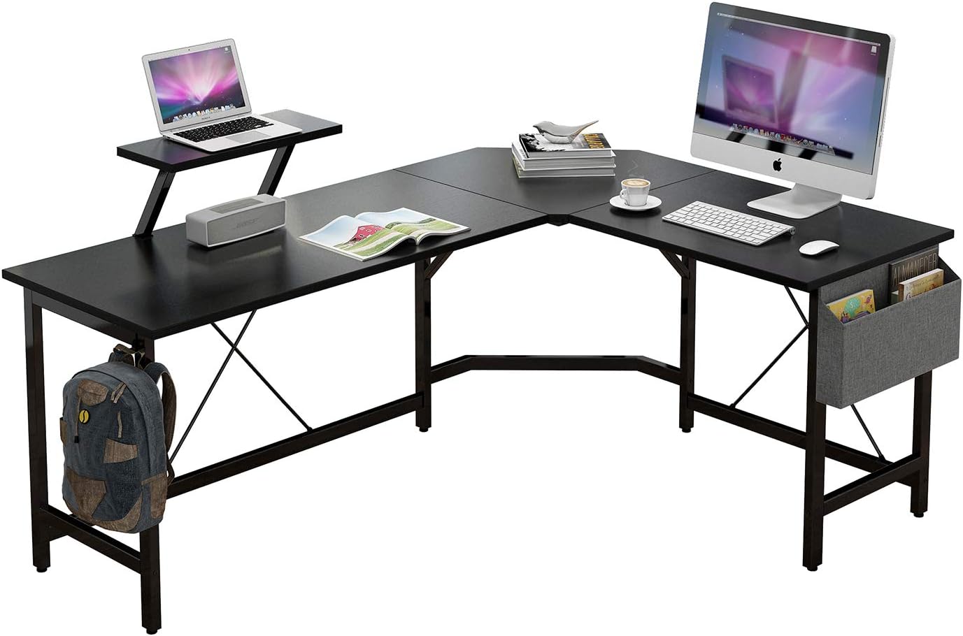 Black Frame Black Top L Shaped Corner Desk with Monitor Stand S999