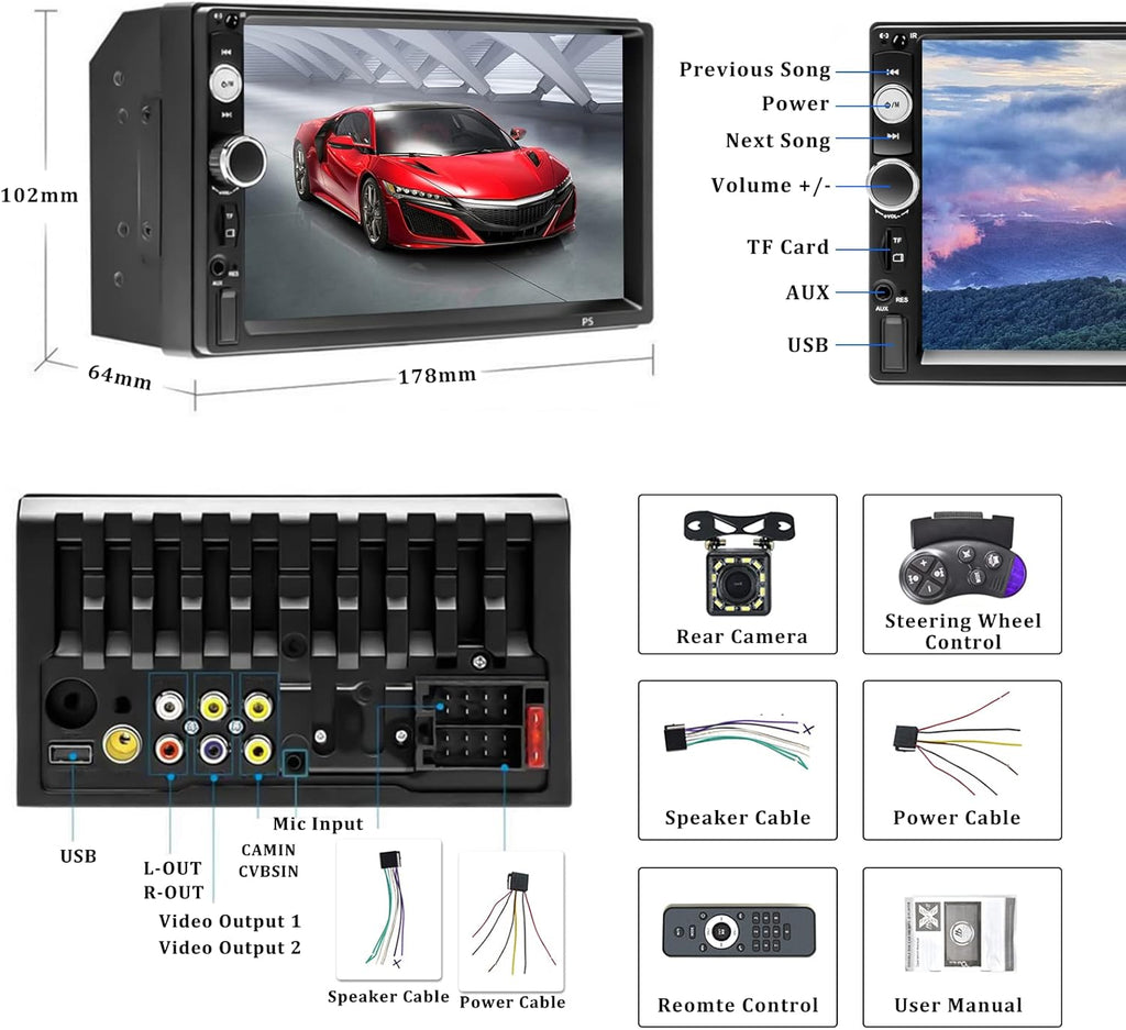 Double Din Bluetooth 7 Touch Screen Car Radio with Remote Control M606