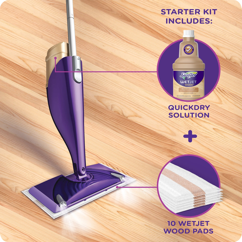 Wood Floor Mopping Starter Kit with Mop, 10 Pads, Solution, Batteries Z24232