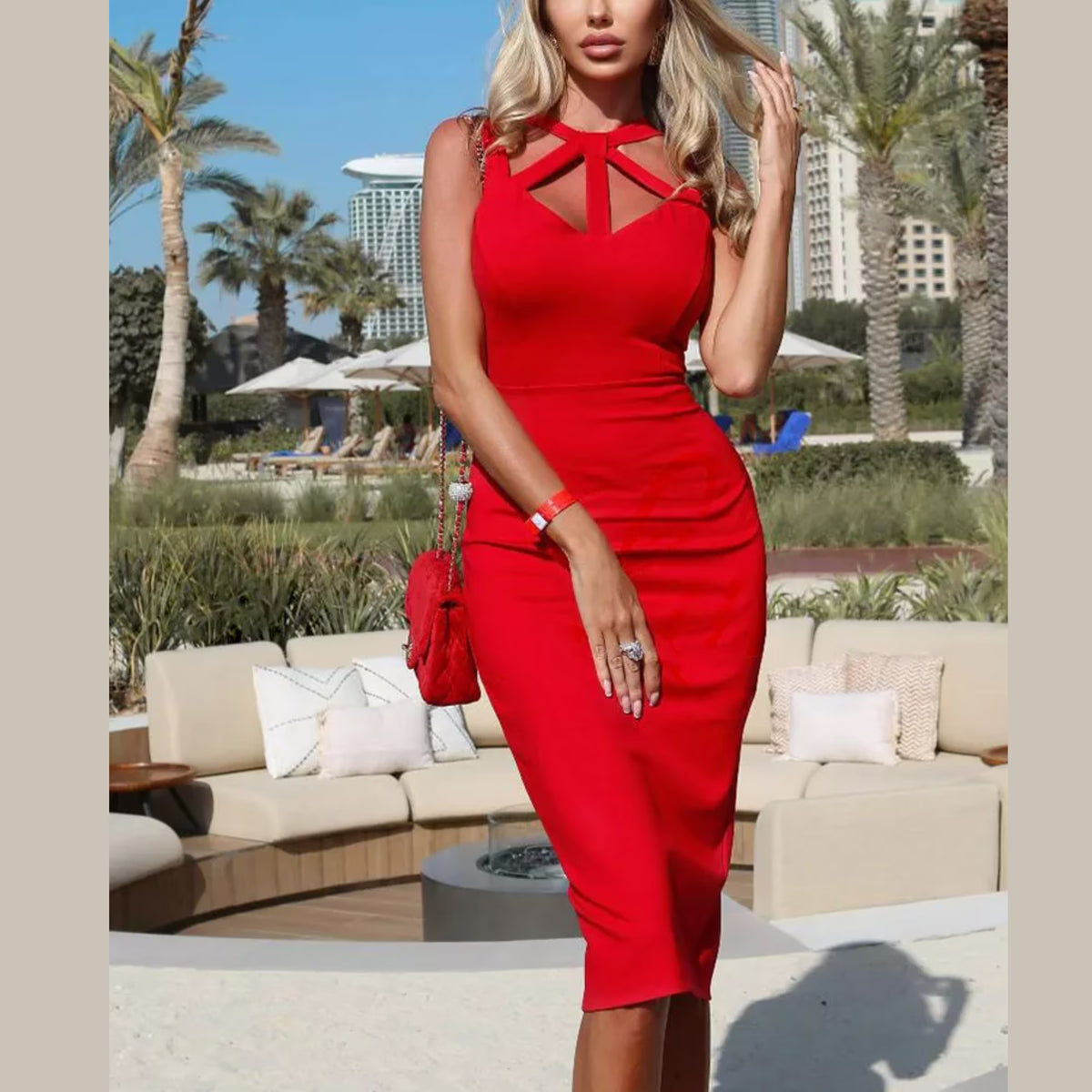Red Strappy Neck Midi Bandage Dress R1459
