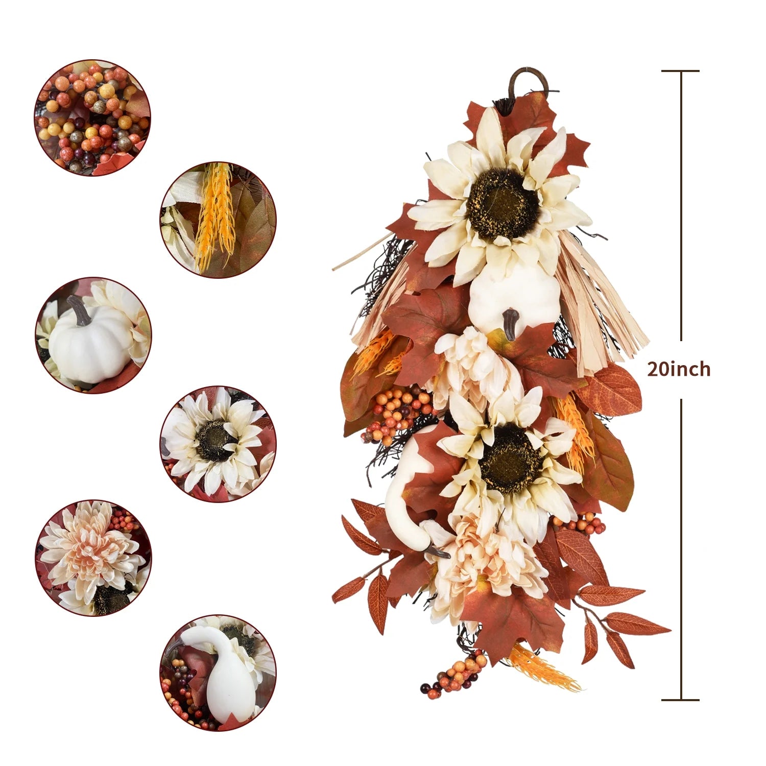 20 Inch Artificial Hanging Vine with Pumpkin Pine Cone Silk Flowers Fall Decor Q3928