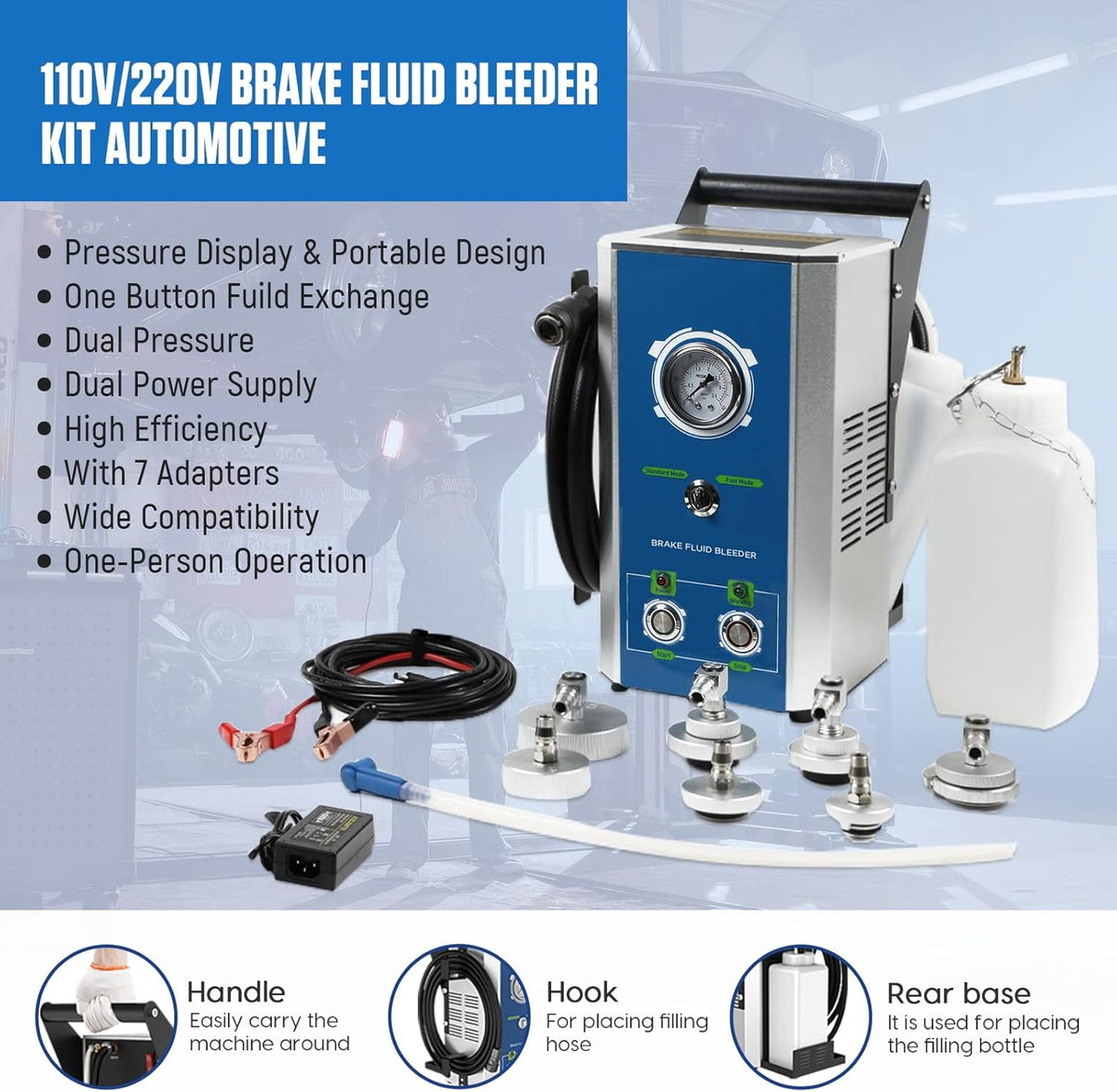 Brake Fluid Bleeder Kit Electric with 7 Adapters, 0~3 Bar M145870