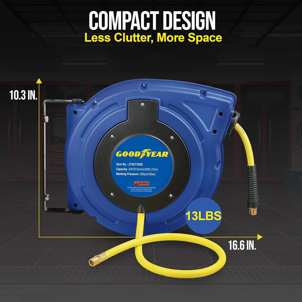 Retractable Air Hose Reel 3/8 Inch x 50 Foot Hybrid Polymer 300PSI R815
