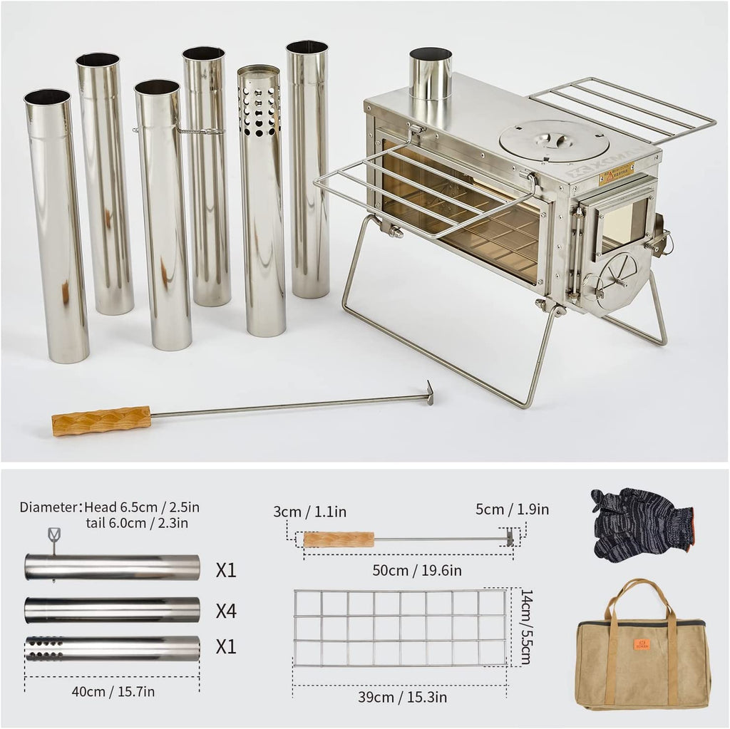Camping Tent Wood Stove with 6 Section Chimney Pipes, Three-View Windows, Heavy Gauge 304 Stainless Steel W79573