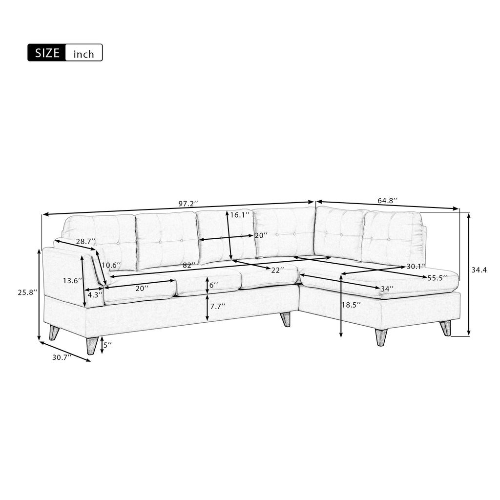 Beige Linen Fabric L-Shape Sectional Sofa with Chaise Lounge C832