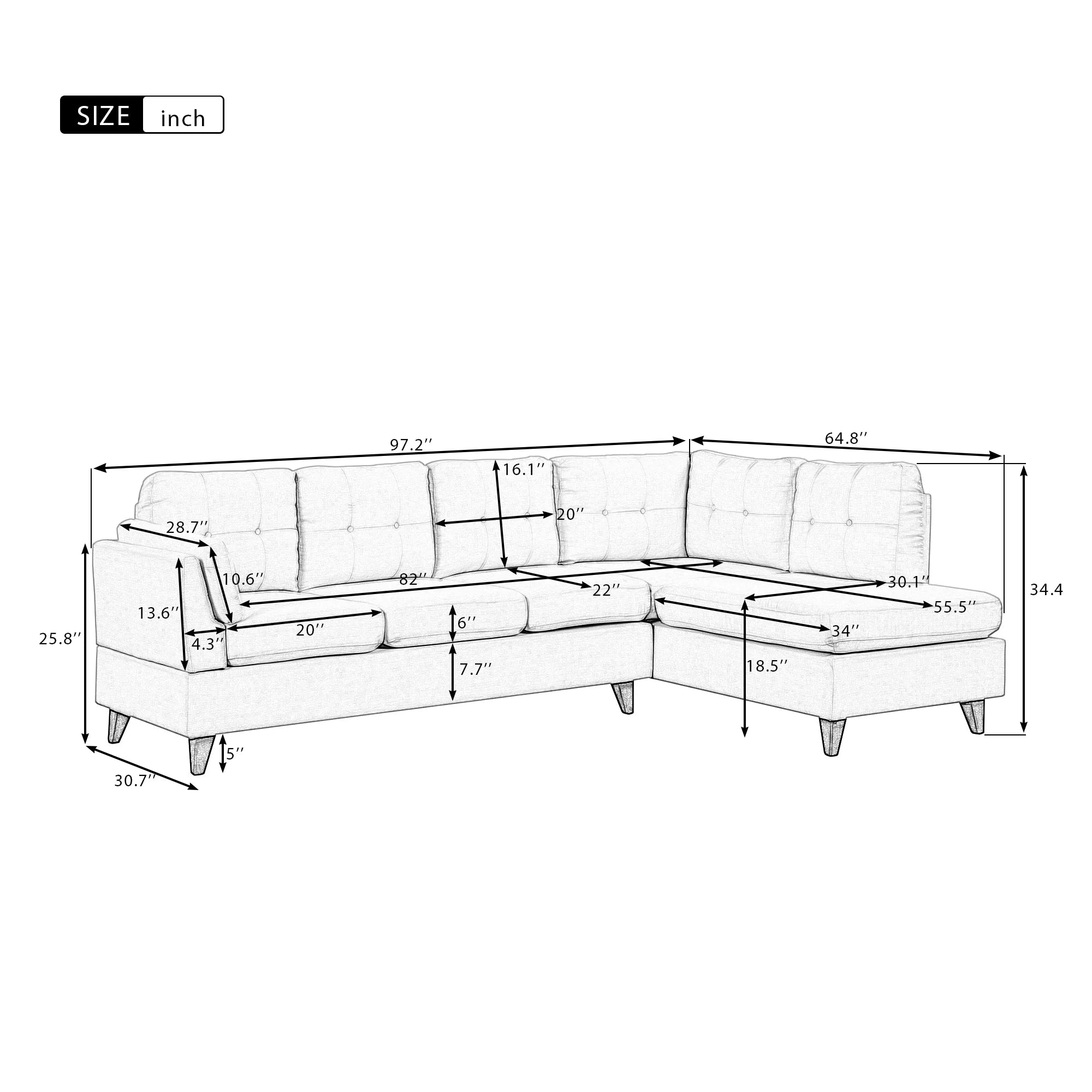 Beige Linen Fabric L-Shape Sectional Sofa with Chaise Lounge C832