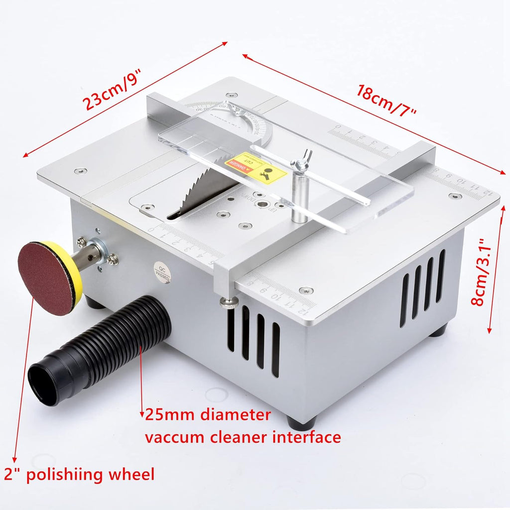 Mini Hobby Table Saw with Miter Gauge, 3 Inch HSS Alloy Steel Circular Saw Blade, Polishing Pad, 96W Power Supply B7772