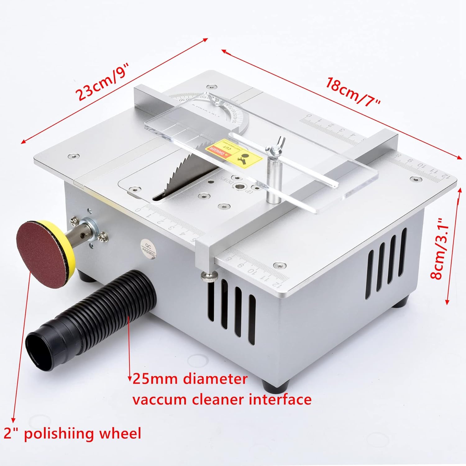 Mini Hobby Table Saw with Miter Gauge, 3 Inch HSS Alloy Steel Circular Saw Blade, Polishing Pad, 96W Power Supply B7772