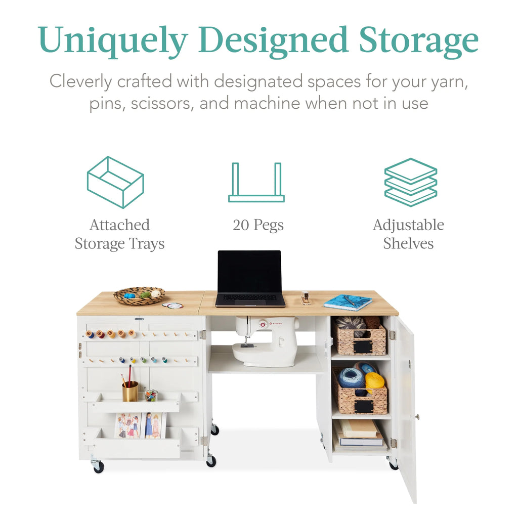 White Folding Sewing Table with Magnetic Doors Q305