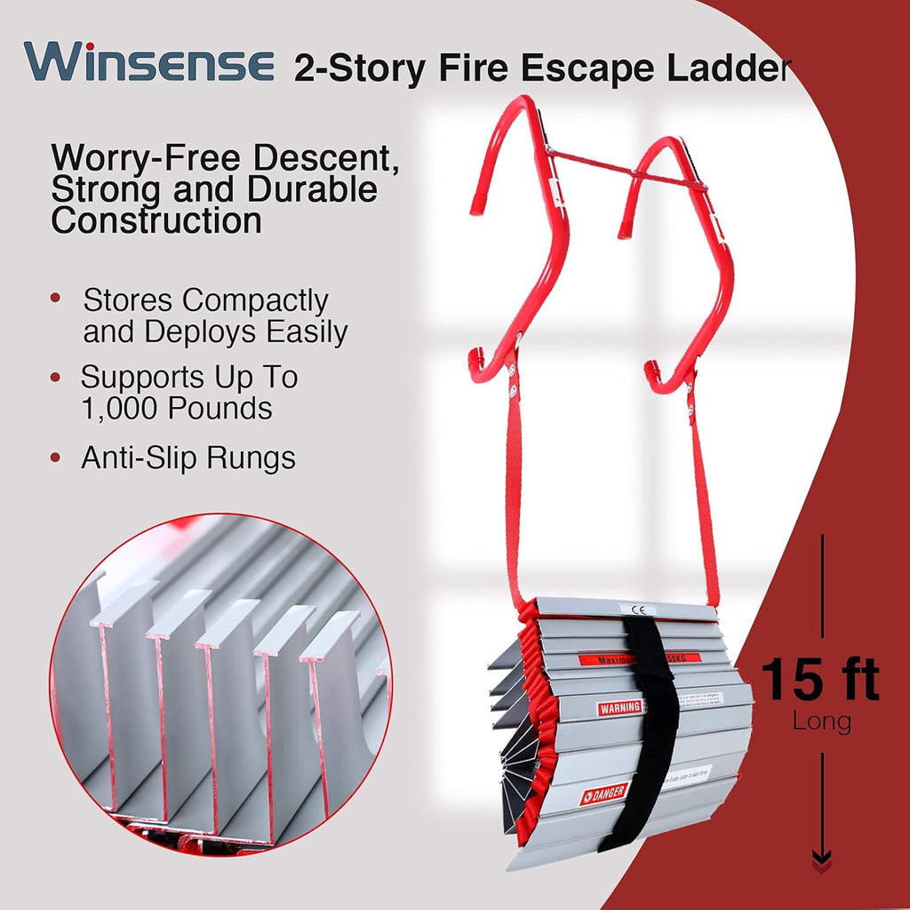 15 Foot Retractable Fire Escape Ladder with Aluminum Steps, Pack of 2 D57652