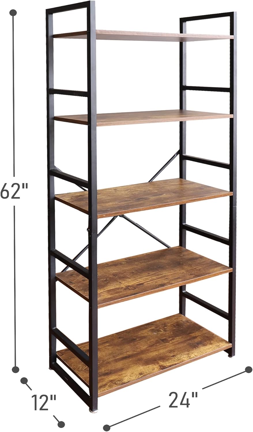 5 Tier Industrial Bookshelf, Wood and Metal, 24 x 12 x 62 J557