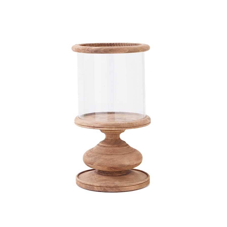 Glass Wooden Pedestal Hurricane Candle Holder R616006