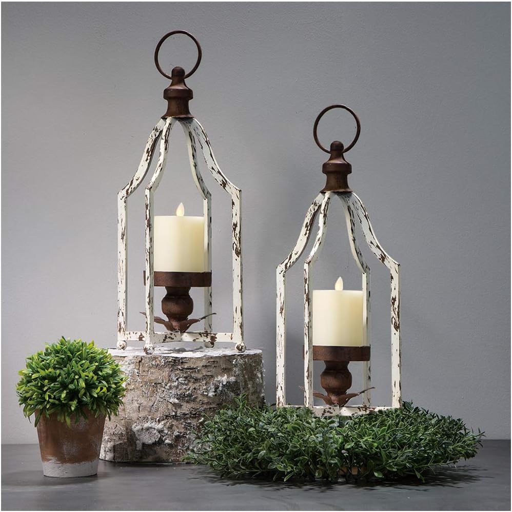 Distressed White Metal Hanging Candle Lanterns Set of 2 B354