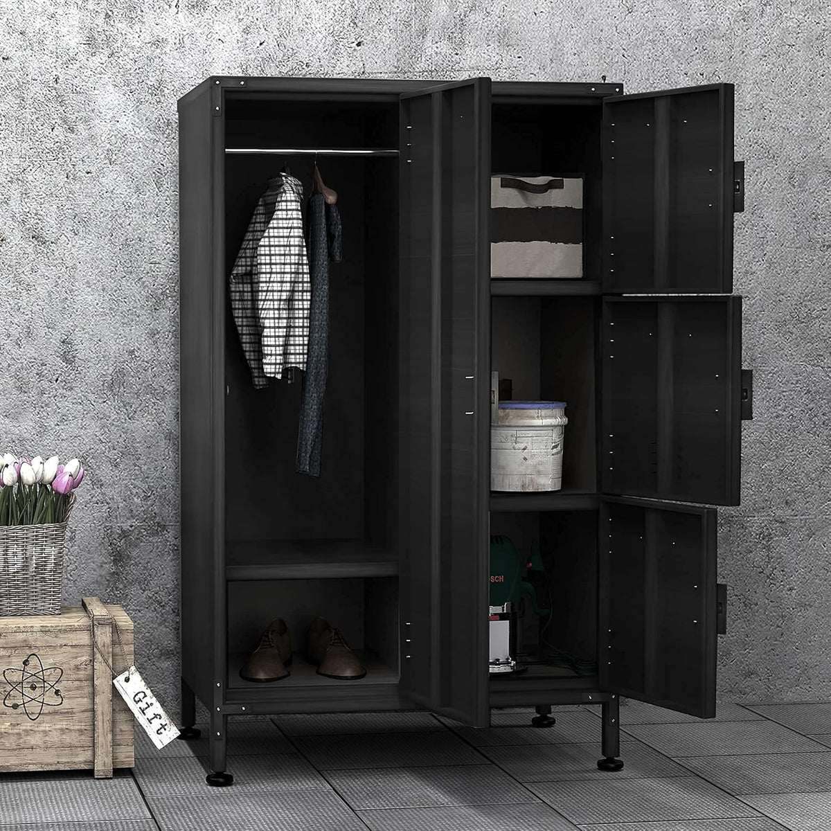 4 Door Lockable Black Metal Storage Cabinet with Shelves C105934