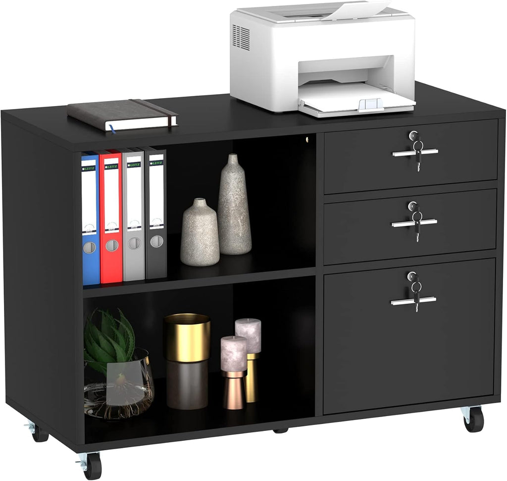Grey 3 Drawer Mobile Lateral Filing Cabinet with 2 Open Shelves B220835