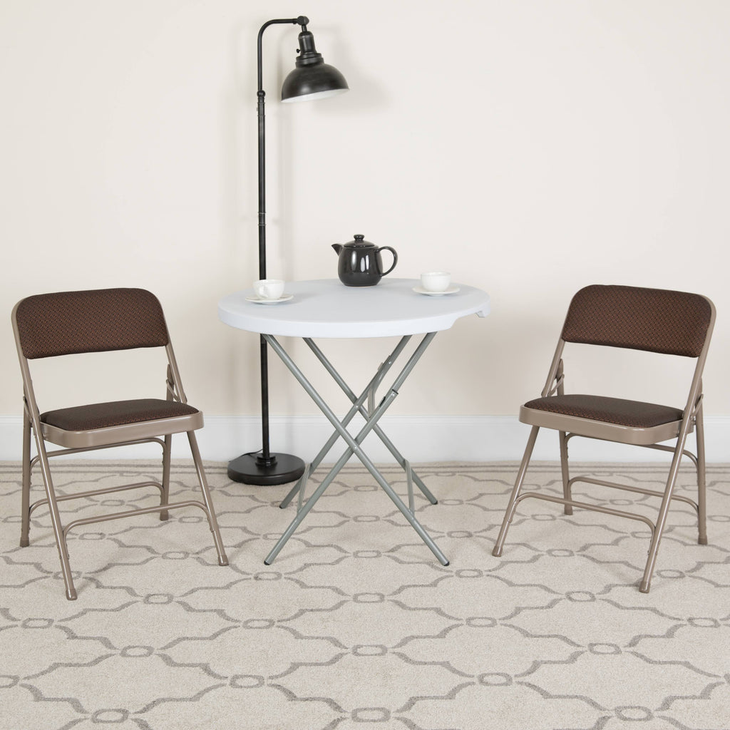 Curved Triple Braced Double Hinged Brown Patterned Fabric Metal Folding Chair C327