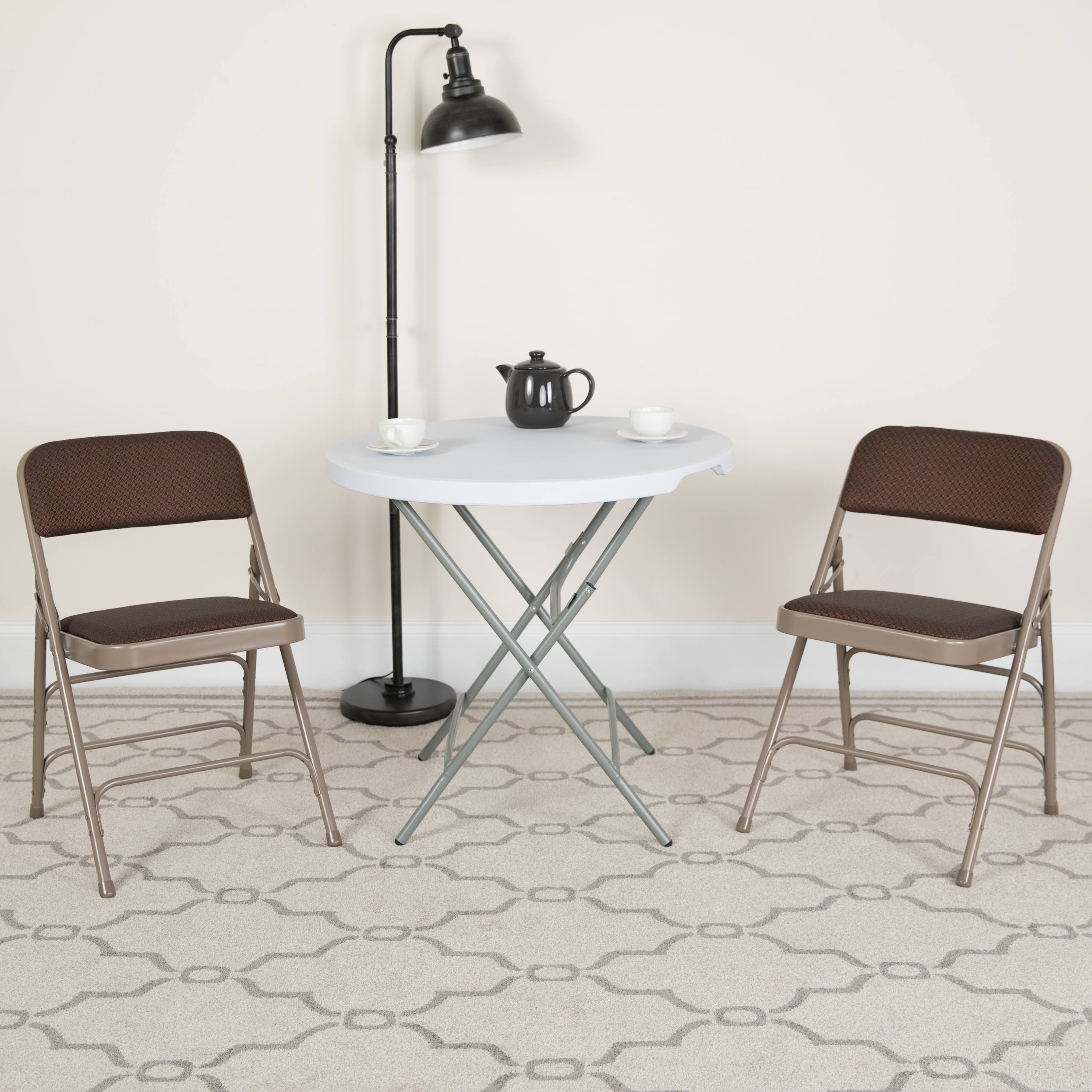 Curved Triple Braced Double Hinged Brown Patterned Fabric Metal Folding Chair C327