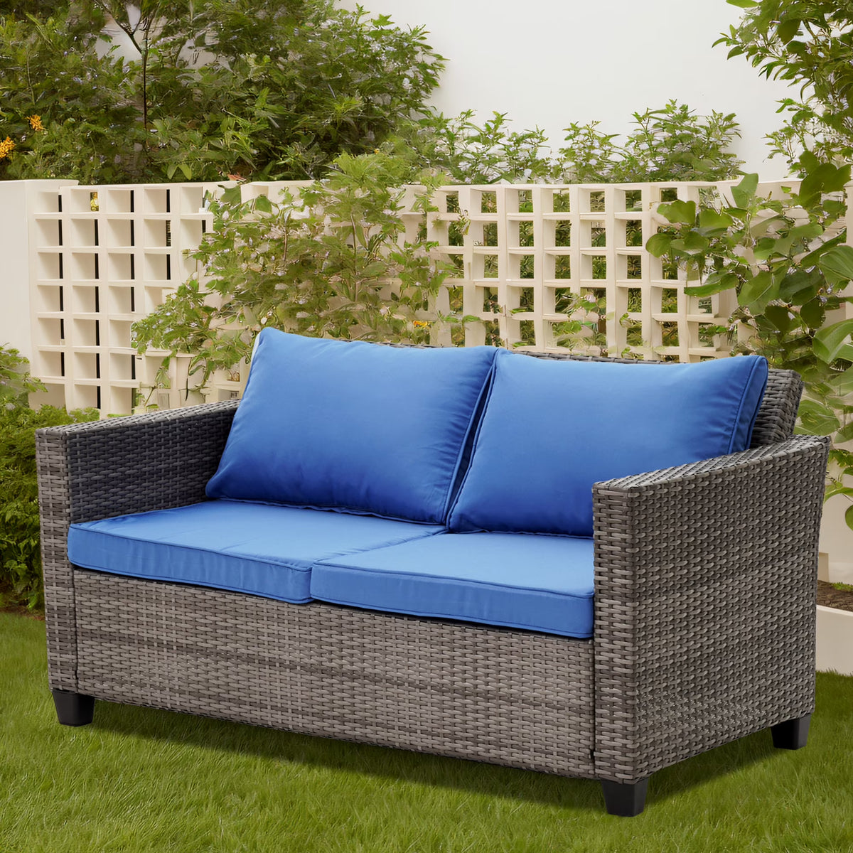 Navy Blue Wicker Rattan Loveseat H865