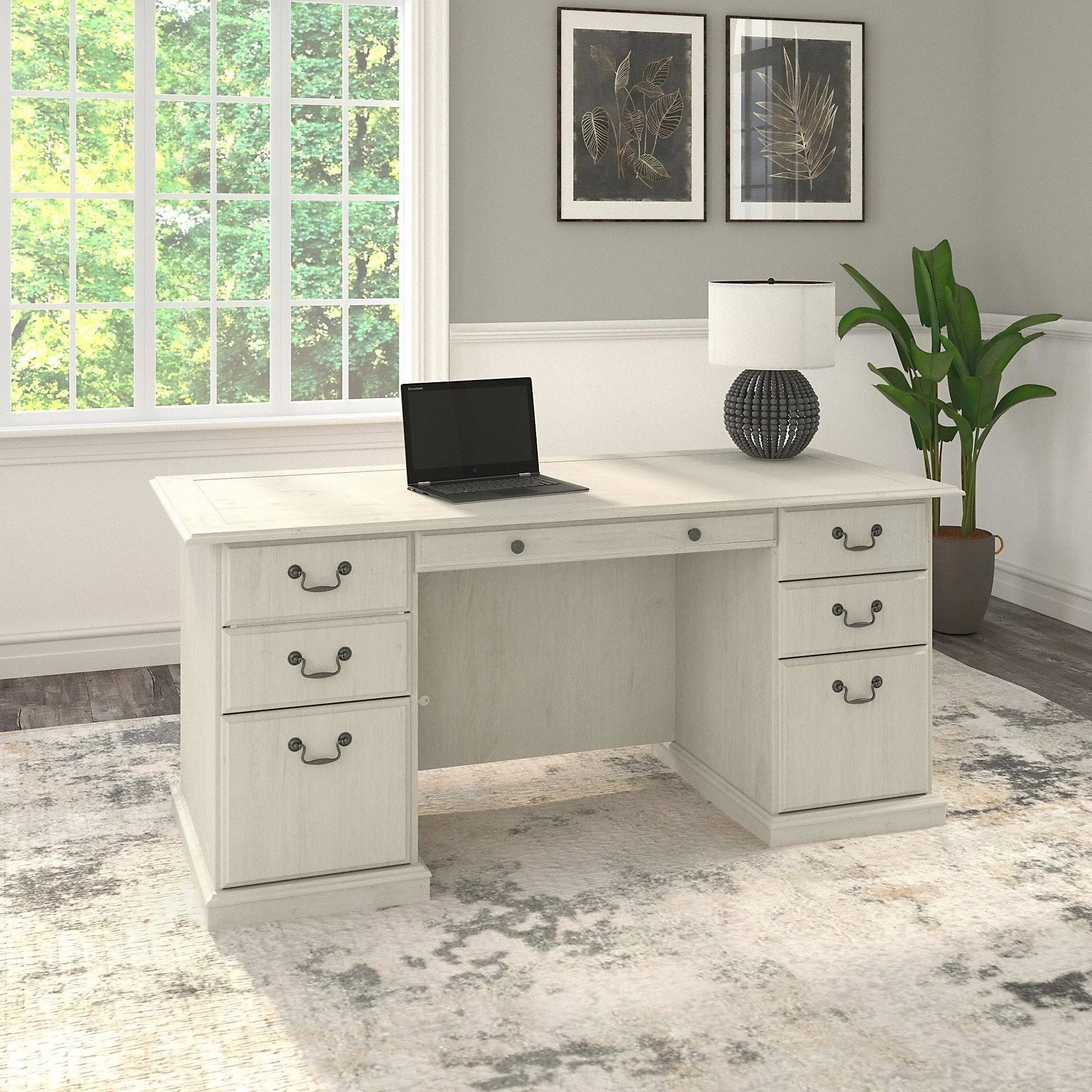 Linen White Oak Executive Desk with Drawers L990