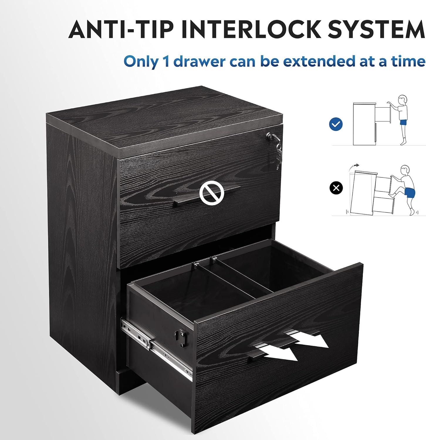 Black 2-Drawer Wood Lateral File Cabinet with Lock D2747