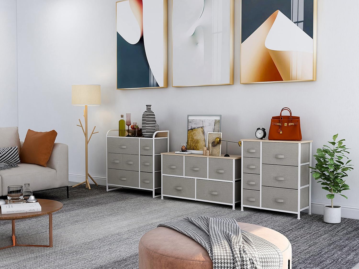 Light grey 8 Drawer Fabric Dresser with Steel Frame and Wooden Top D4183