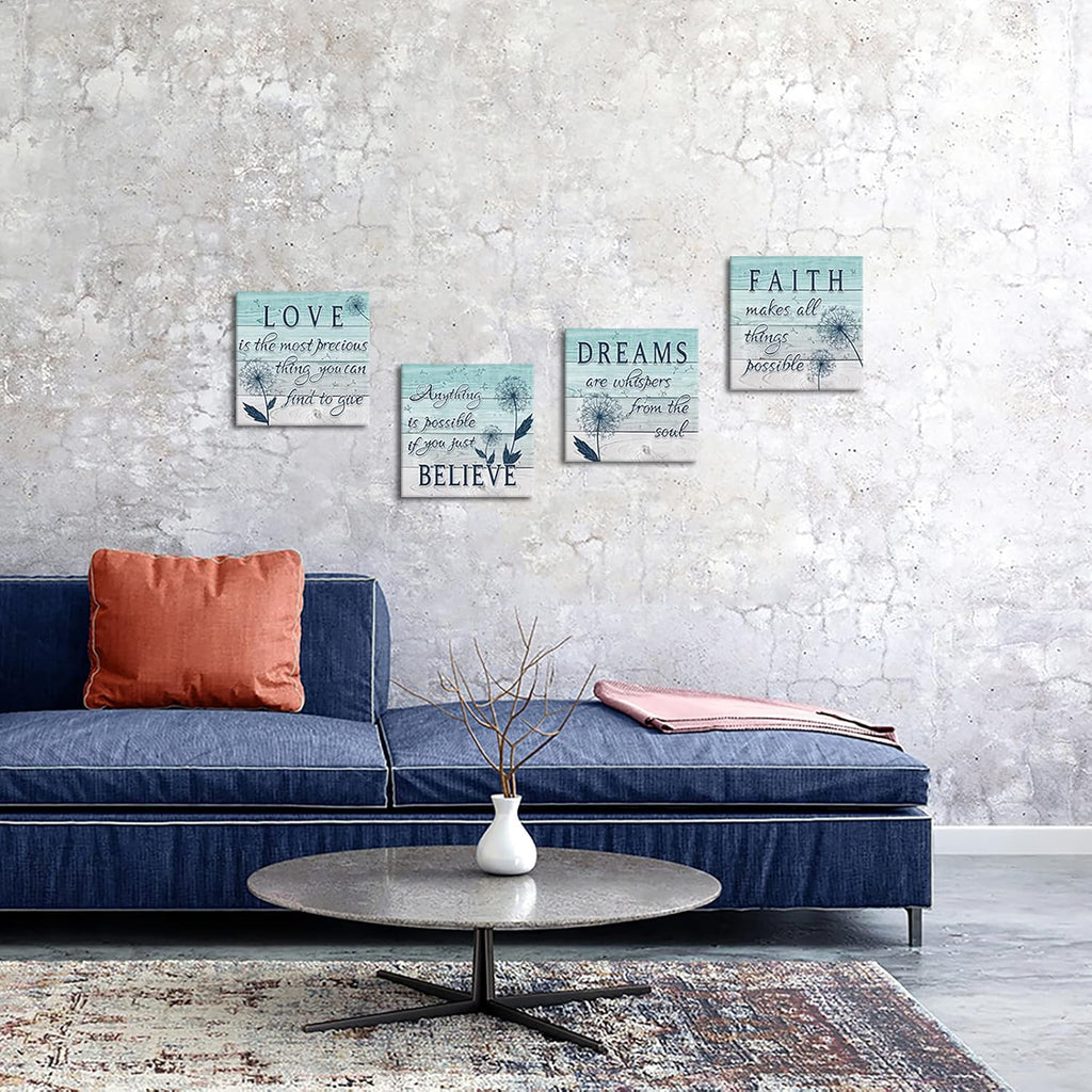 4 Panel Teal Blue Dandelion Canvas Wall Art B4733