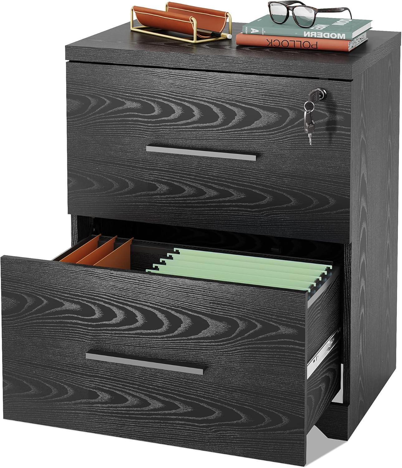 Black 2-Drawer Wood Lateral File Cabinet with Lock D2747