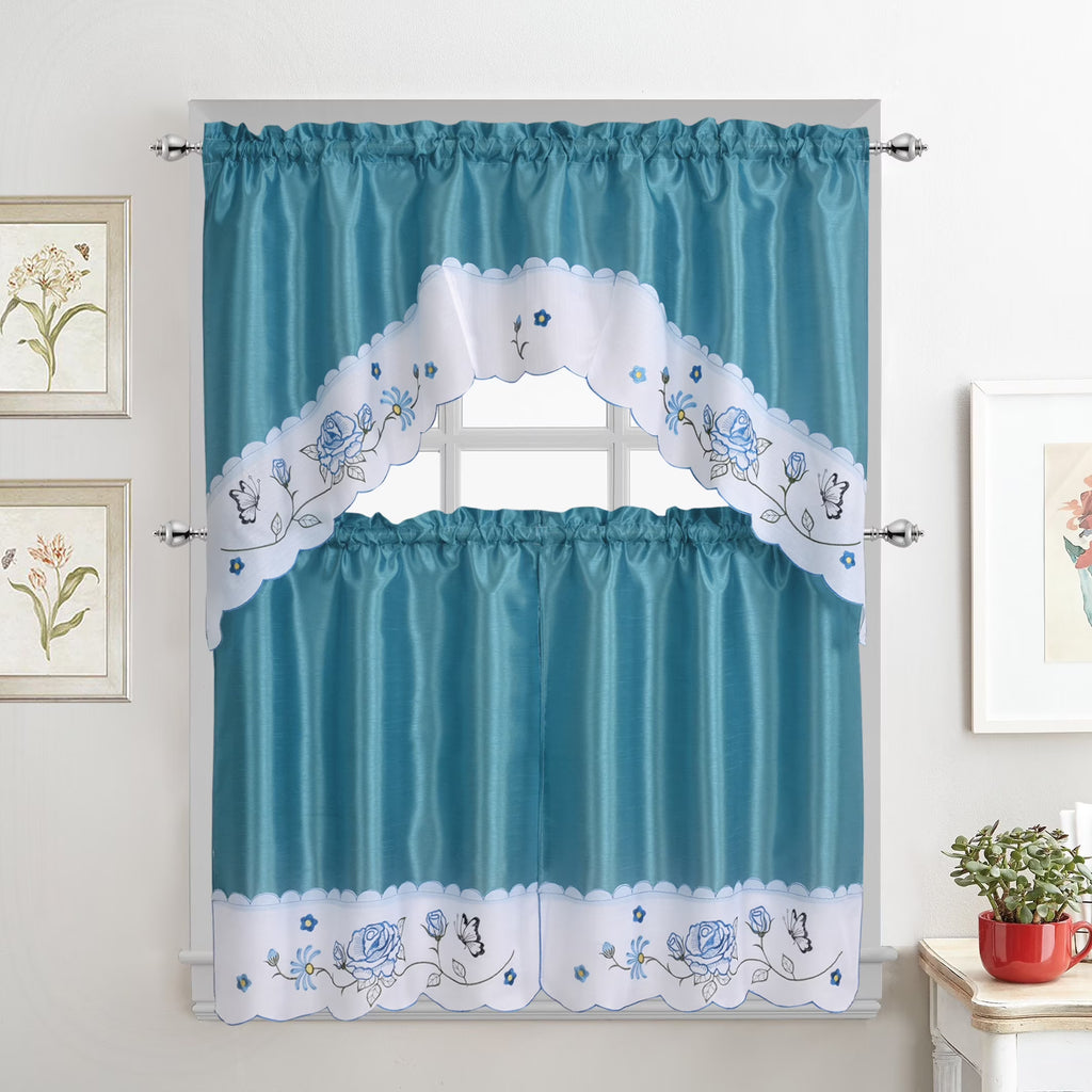 Turquoise 3-Piece Kitchen Curtain Tiers & Swag Set, 58x36 & 28x36 inches B288