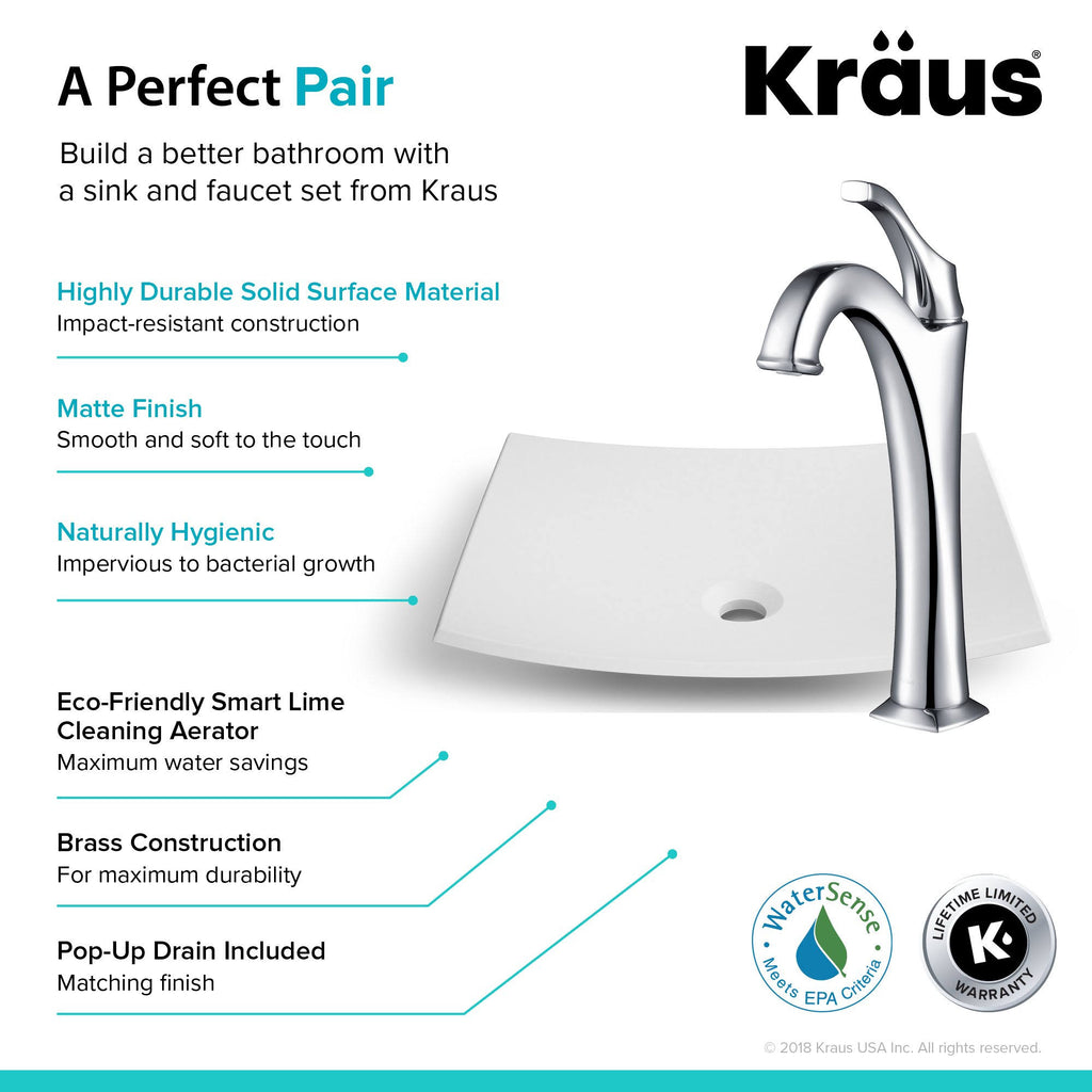 White Matte Solid Surface Rectangular Bathroom Vessel Sink and Faucet Combo Set with Pop-Up Drain M532216