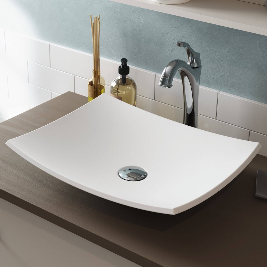 White Matte Solid Surface Rectangular Bathroom Vessel Sink and Faucet Combo Set with Pop-Up Drain M532216
