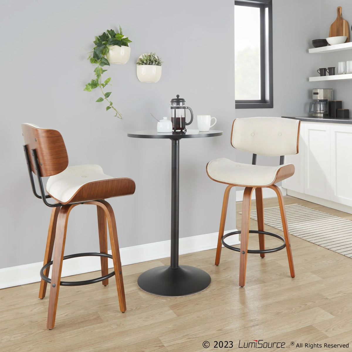 26" Mid-Century Modern Counter Stool with Swivel in Walnut Wood and Cream Noise Fabric with Round Black Metal Footrest - Set of 2 Y3003